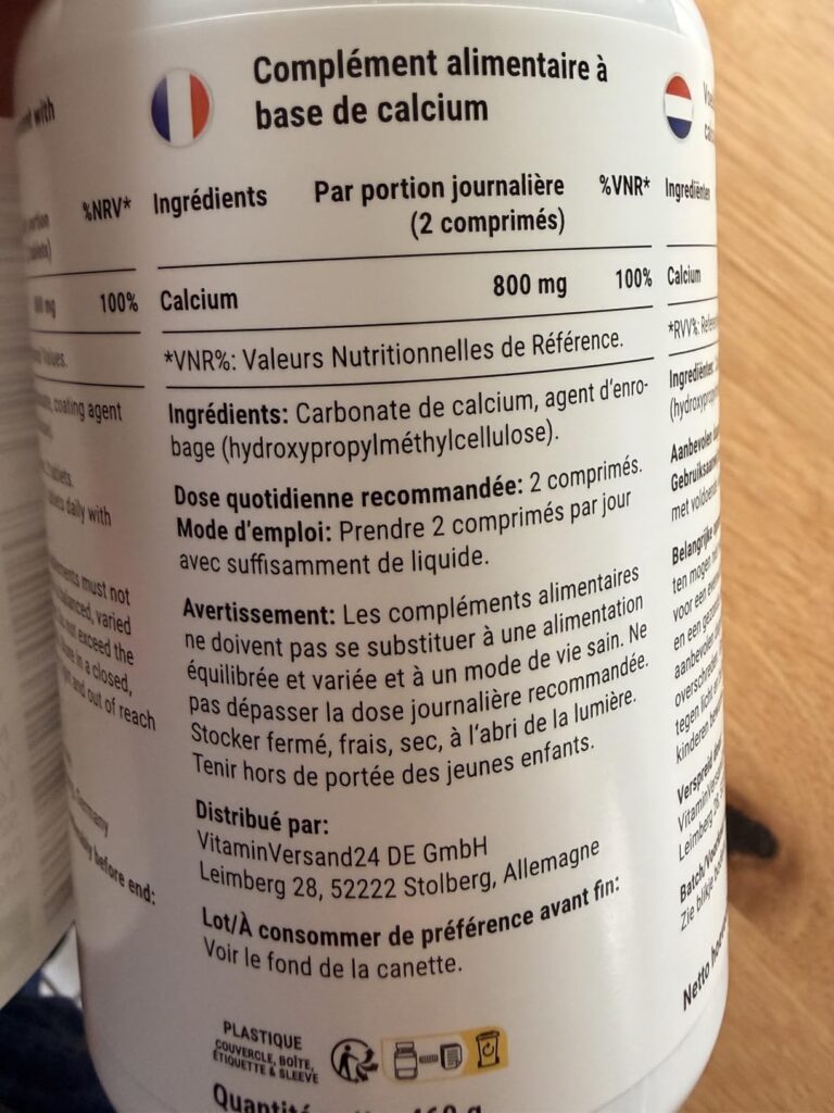 Détail de l'étiquette du produit, montrant les informations nutritionnelles et les instructions d'utilisation en français.