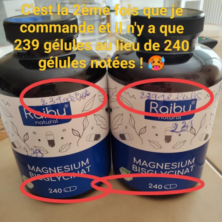 Deux flacons de "Raibu natural Magnesium Bisglycinat" avec des annotations manuscrites et une bulle de texte du client.