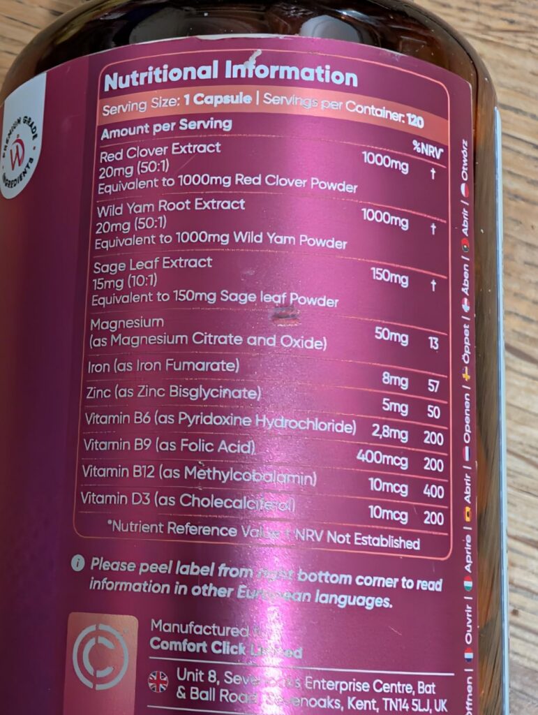 Tableau des informations nutritionnelles sur l'étiquette du flacon.