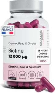 Biotine 12 000µg avec Kératine, Sélénium & Zinc - Cure de 3 Mois