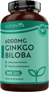 Nutravita Ginkgo Biloba 6000 mg Complément Alimentaire – 365 Comprimés Véganes pour 1 An –