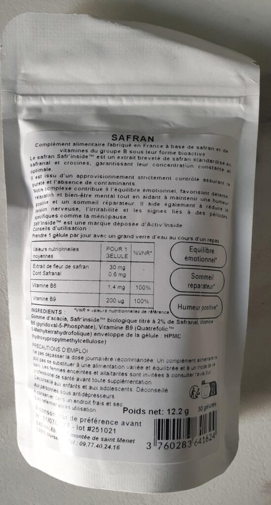 Sachet de compléments alimentaires au safran, face arrière avec informations nutritionnelles