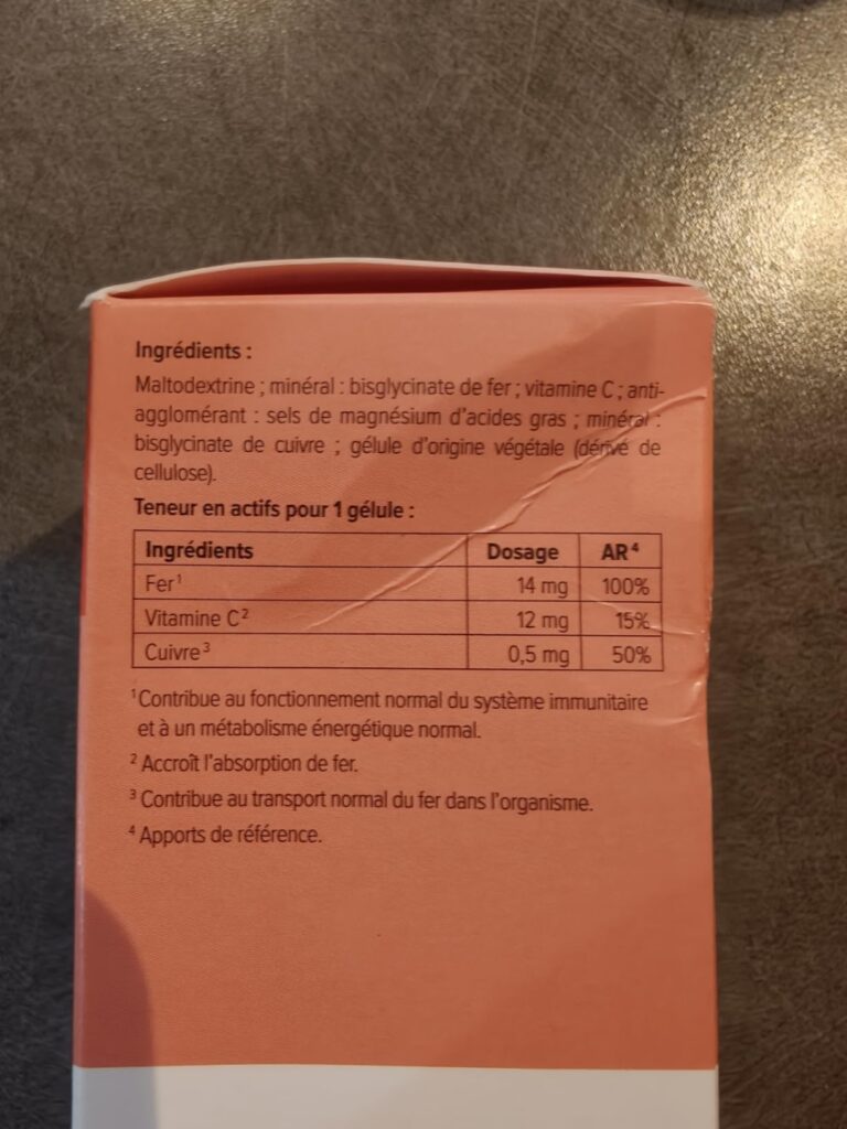 Le côté de la boîte de compléments alimentaires Fer Bisglycinate de la marque Beyond Elements. Il s'agit de la partie qui pré...