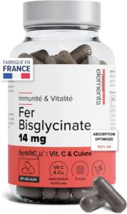 Fer Bisglycinate14mg - Haute Biodisponibilité avec Vitamine C - Cure 3 Mois