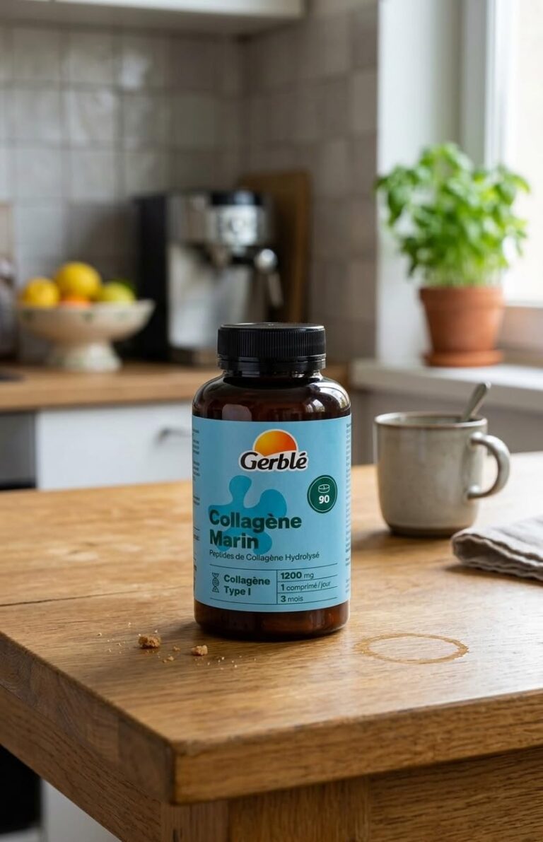 Bouteille de Collagène Marin Gerblé, posée sur une table en bois dans une cuisine.